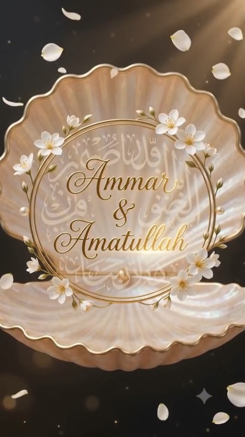 Ammar & Amatullah, written in gold inside a pearl seashell wreathed with white blossoms